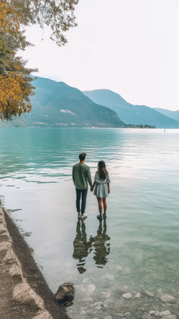 Generative AI : Couple of tourists visiting an alpine lake in Braies Italy Boyfriend and girlfriend kissing over a pier on a wanderlust background  Blue vintage filterの素材