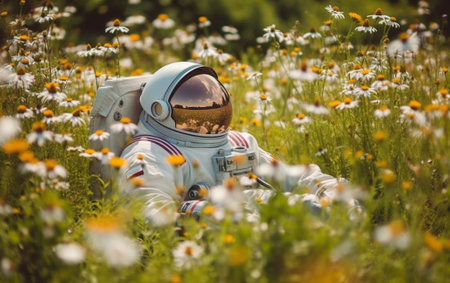 Generative AI : Hiker is looking at flowers on the ground  Adventurer during his trip around the worldの素材