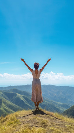 Generative AI : Free happy woman with open arms enjoying nature  Joyful black girl outdoors  breathing fresh air  Enjoyment freedom happiness and mental health conceptの素材