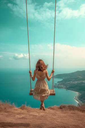 Generative AI : Carefree woman on the swing on a inspiring landscape Dream conceptの素材