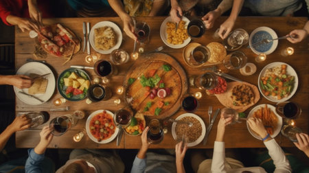 Generative AI : Friends cheering beer glasses on wooden table covered with delicious food  Top view of people having dinner party at bar restaurant  Food and beverage lifestyle conの素材