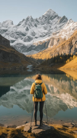 Generative AI : Couple of tourist visiting an alpine lake in Braies Italy  Romantic scene of woman and man in love standing in front of mountains landscape  People travel and wandeの素材