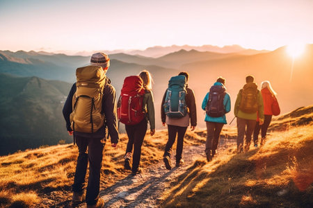 Generative AI : Group of hikers walking in the forest at sunset  Friends doing an excursion day on a mountain  Close up on legsの素材