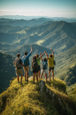 Generative AI : Group of hikers climbing mountains  Happy friends with hands up on the top of the mountain  Multiethnic people having trekking day out togetherの素材