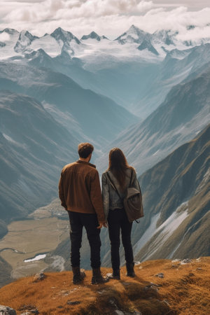 Generative AI : Couple in love cudding and kissing at vacation exploring and hiking a mountain Pov viewの素材