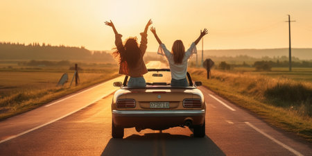 Generative AI : Friends having fun at car trip around the world Couple in love with arms up on a convertible carの素材