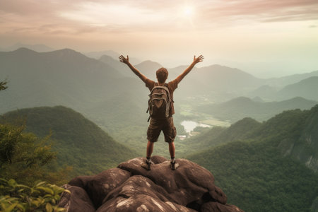 Generative AI : Hiker with arms up standing on the top of the mountain  Successful man enjoying triumph  Sport and success conceptの素材