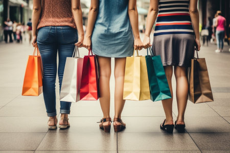 Generative AI : Group of friends sitting outdoor with shopping bagsの素材
