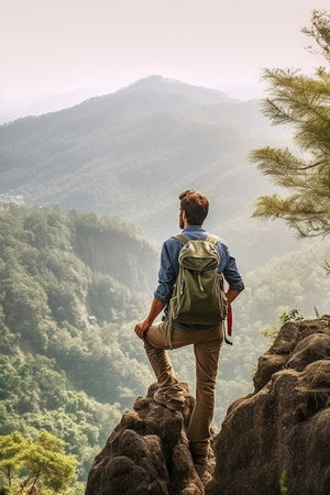 Generative AI : Hiker man on the top of the mountain looking the landscape view  Success motivational and sport conceptの素材