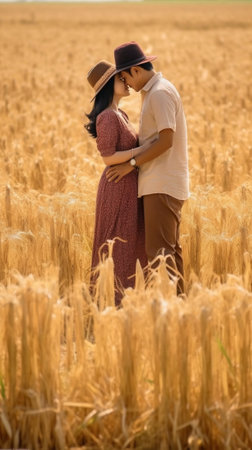 Generative AI : Couple of lovers having fun on a wheat field at vacationの素材