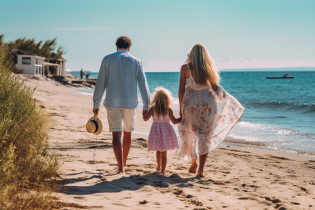 Generative AI : Happy family having a good time at the beach Mom and dad playing with their daughter at vacationの素材