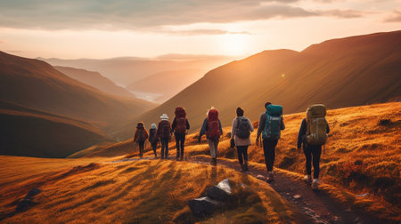 Photo pour Generative AI : Group of hikers walking on a mountain at sunset - image libre de droit