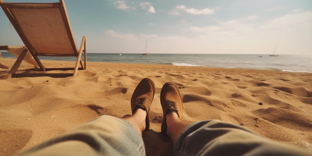 Generative AI : Man on vacation relaxing at the beach Pov viewの素材