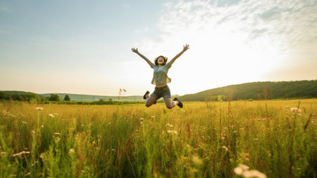 Generative AI : Happy woman jumping at a field Caucasian girl having fun at holiday concept about people freedom and happinessの素材