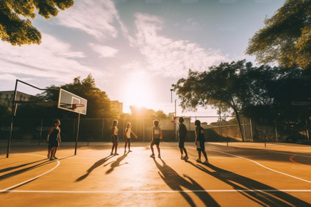 Generative AI : Group of friends playing basketball  Group of sportive multiracial people playing togheter during the summertime   Concept about people lifestyle and sportの素材
