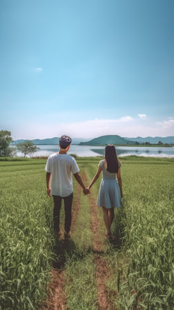 Generative AI : Love couple Closeup Young woman holding man hand while leading him on nature outdoor Concept about travel and loveの素材