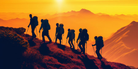 Generative AI : Group of hikers walking on a mountain at sunsetの素材