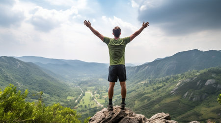 Generative AI : Hiker with arms up standing on the top of the mountain  Successful man enjoying triumph  Sport and success conceptの素材
