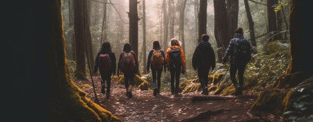 Generative AI : Group of people walking in a forest from back Adventure travel tourism hike and people friendship concept Sports activityの素材