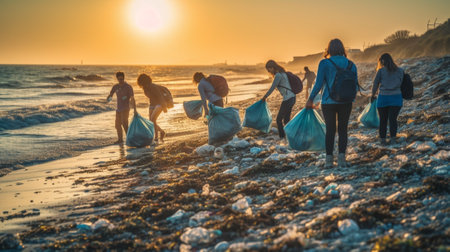 Generative AI : Group of eco volunteers picking up plastic trash on the beach  Activist people collecting garbage protecting the planet  Ocean pollution environmental conservationの素材