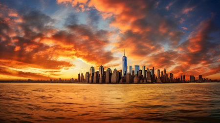 Generative AI : New York city panorama at sunset with a dramatic sky in the backgroundの素材