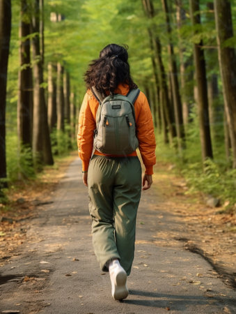 Generative AI : Hiker  A young hiker is walking on the road during her trip  caucasian people  people nature and lifestyle conceptの素材