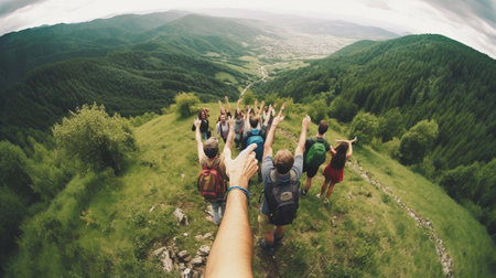 Generative AI : Group of hikers climbing mountains  Happy friends with hands up on the top of the mountain  Multiethnic people having trekking day out togetherの素材