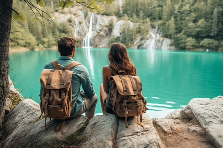 Generative AI : Hikers visiting italian alpine Braies Lake  Couple in love enjoying stunning view of Lago di Braies in Dolomites South Tyrol Italy Europeの素材