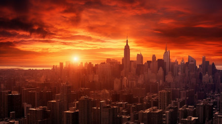 Generative AI : New York city panorama at sunset with a dramatic sky in the backgroundの素材