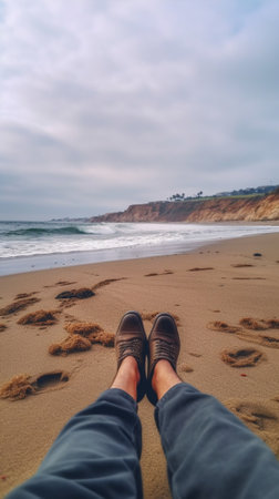 Generative AI : Man on vacation relaxing at the beach Pov viewの素材
