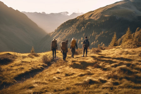 Generative AI : Group of hikers walking in the forest at sunset  Friends doing an excursion day on a mountain  Close up on legsの素材