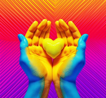 Generative AI : Hands making heart shape isolated on a yellow background  Love and minimal fashion conceptの素材