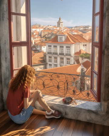 Generative AI : Happy tourist visiting Lisbon Portugal  Beautiful young woman taking selfie while travel in European famous destination  Travel and vacations lifestyle conceptの素材