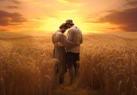 Generative AI : Romantic couple in love having a romantic kiss at sunset on a wheat field Blurred effectの素材