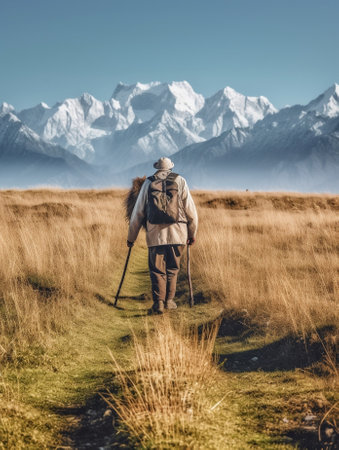 Generative AI : Men is hiking in the mountains walking on a grass Healthy lifestyle Caucasian peopleの素材