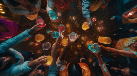 Generative AI : Happy friends drinking together at cocktail bar restaurant  Group of young people enjoying night out toasting drinks on happy hour  Top viewの素材