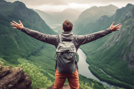 Generative AI : Happy man with open arms jumping on the top of mountain  Hiker with backpack celebrating success outdoor  People success and sport conceptの素材