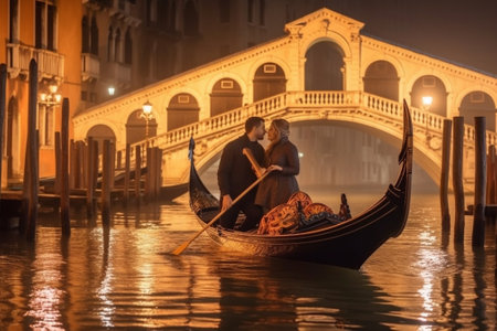 Generative AI : Romantic couple in love on vacation in Venice Italy Young people kissing and take a selfie in front of Rialto Bridgeの素材