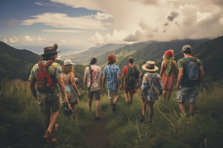 Generative AI : Group of people on adventure hiking on the reef Concept about sport hiking nature and peopleの素材