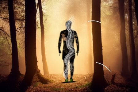 Generative AI : Hiker is walking on a trunk of a tree in the forest  he is keeping in balanceの素材