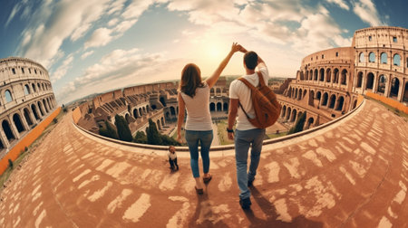 Generative AI : Happy couple of tourist having fun taking a selfie in front of Colosseum in Rome People travel Rome Italyの素材