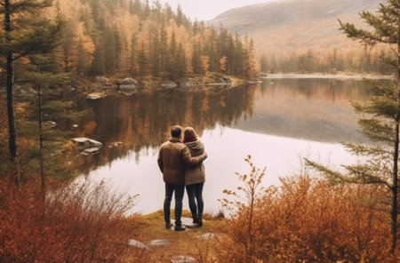 Generative AI : Romantic kiss of a couple of adults visiting an alpine lake at Braies Italy Tourist in love spending loving moments together at autumn mountains Couple wanderlust aの素材