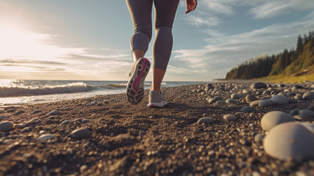 Generative AI : Runner woman walking at the beachClose up on the feet concept about training and fitnessの素材
