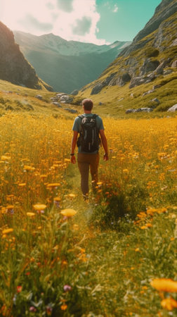 Generative AI : Hiker is looking at flowers on the ground  Adventurer during his trip around the worldの素材