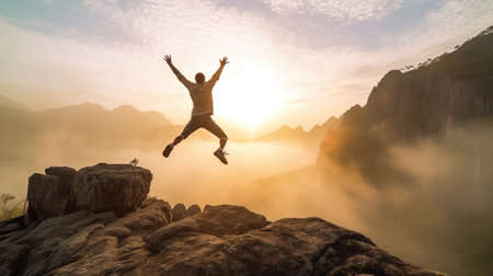 Generative AI : Success hiker jumping on the mountain  Extreme powerful man running outdoor  Success sport travel conceptの素材