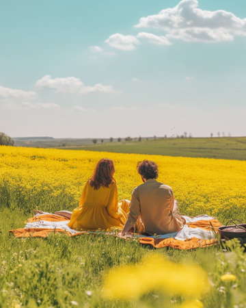 Generative AI : Young couple of tourist doing picnic on the hill  Lovers on a date outdoorの素材