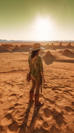 Generative AI : Traveller woman walking into a rocky desert holding hat and backpack at sunsetの素材
