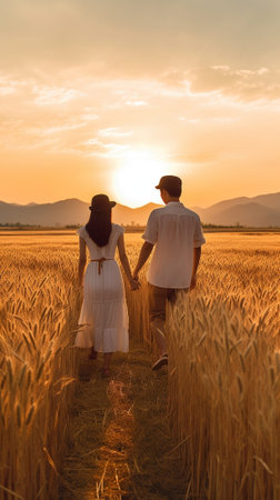 Generative AI : Portrait of a happy young woman holding hand of her boyfriend while walking by a wheat field at sunset Couple enjoying travel in the natureの素材