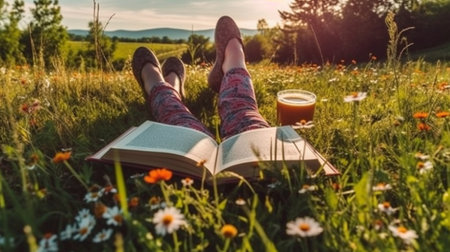 Generative AI : Woman lying on the grass read a book in the countrysideの素材