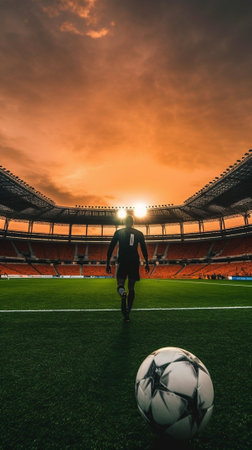 Generative AI : Soccer player is training alone at the stadium at sunset Concept about soccer sport people and lifestyleの素材
